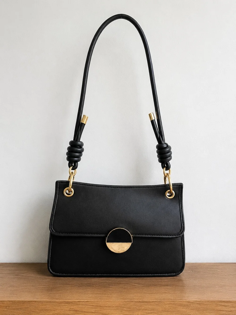 Compact Black Shoulder/Crossbody Bag with Gold Accent Hardware